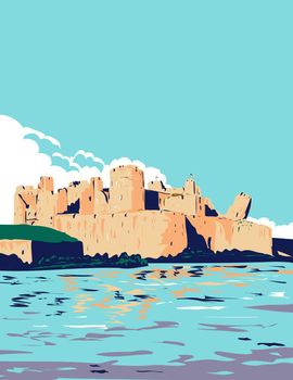 Art Deco or WPA poster of Caerphilly Castle and moat within Brecon Beacons National Park, Caerphilly, South Wales United Kingdom done in works project administration style.