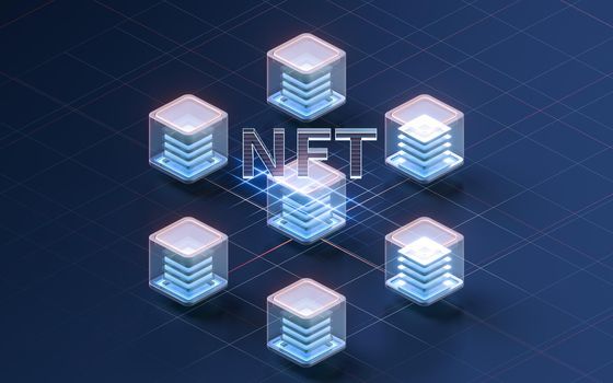 NFT nonfungible tokens concept with dark background, 3d rendering. Computer digital drawing.