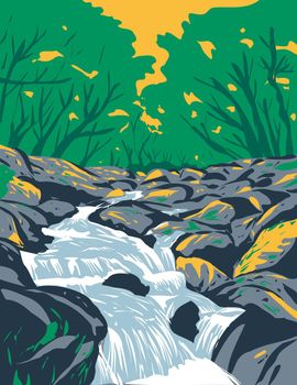 Art Deco or WPA poster of Becky Falls or Becka Falls on the Becka Brook over boulder-strewn river bed on Dartmoor National Park Devon England United Kingdom done in works project administration style.