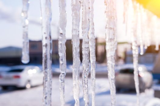 Icicles. Winter background with icicles and falling shiny snow. Selective focus