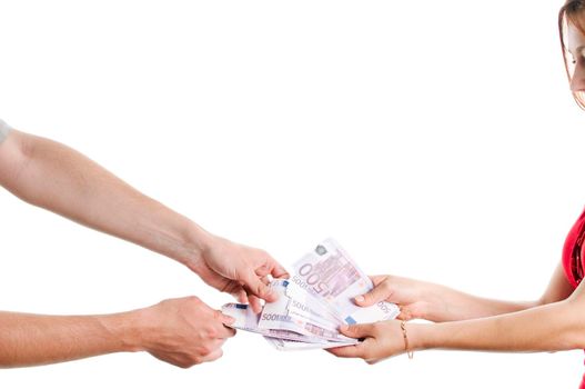 Girl holding a bunch of euro notes and two hands grabbing some money from her