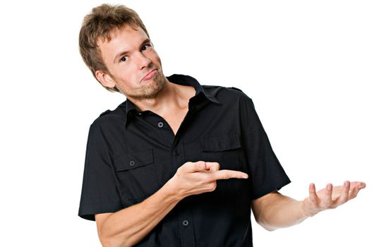 Young man holding anything you want on his hand isolated on white