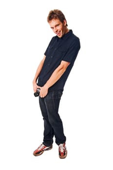 Attractive young man with camera isolated on white