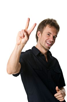 Young man showing victory sign isolated on white