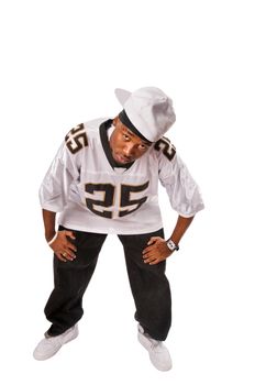 Cool young hip-hop dancer on white background