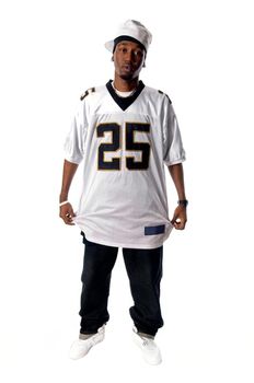 Cool young hip-hop dancer on white background