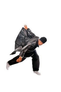 Cool young hip-hop dancer on white background