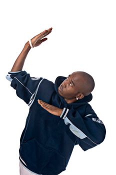 Cool young hip-hop dancer on white background