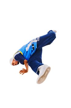 Hip-hop young man making cool move on white background