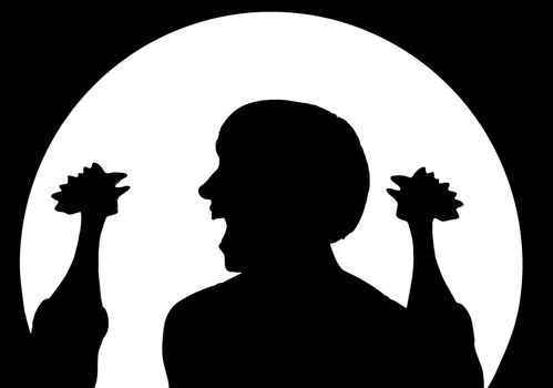 Silhouettes of woman screaming at two roosters