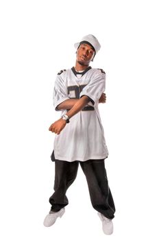 Cool young hip-hop dancer on white background