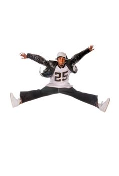 Cool young hip-hop dancer on white background
