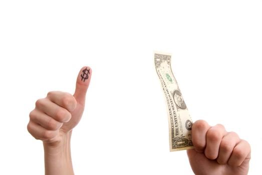 Hand with thumbs up and a dollar sign painted and another hand holding one buck banknote.
