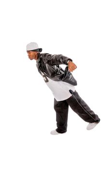 Cool young hip-hop dancer on white background