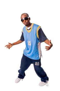 Hip-hop young man making cool move isolated on white background