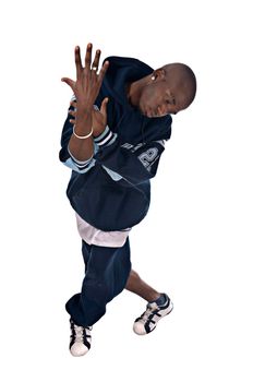 Cool young hip-hop dancer on white background