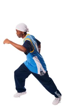 Hip-hop young man making cool move isolated on white background