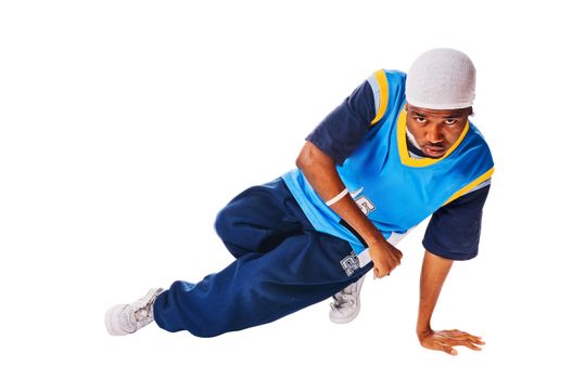 Hip-hop young man making cool move isolated on white background