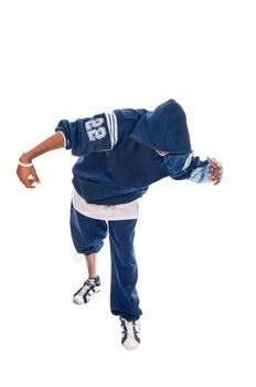 Cool young hip-hop dancer on white background
