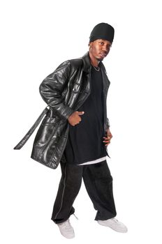 Cool young hip-hop dancer on white background