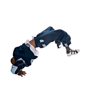 Cool young hip-hop dancer on white background
