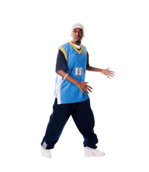 Hip-hop young man making cool move isolated on white background