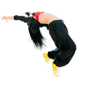 Cool active female hip-hop dancer on white background