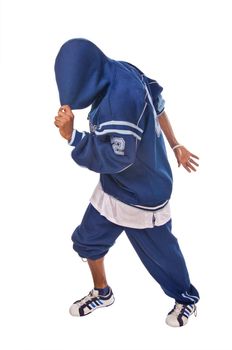 Cool young hip-hop dancer on white background