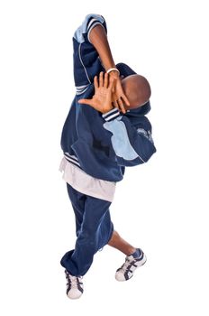 Cool young hip-hop dancer on white background