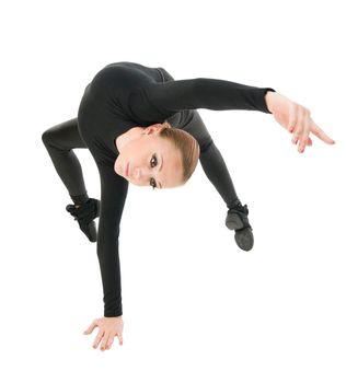 Modern dancer performing handstand on white background