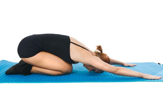 Beautiful slim woman showing relaxational exercises over white