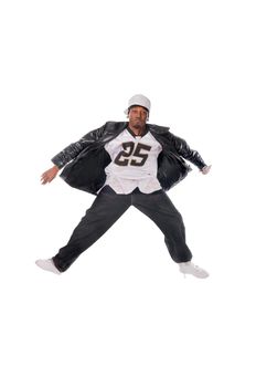 Cool young hip-hop dancer on white background