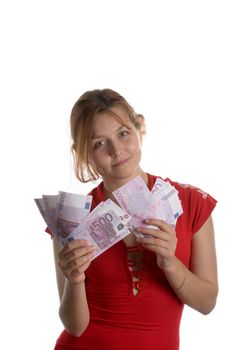 Red haired girl showing bunch of money