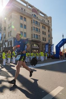 Moscow - September 24, 2017: Participants of Moscow autumn marathon sponsored by Asics brand