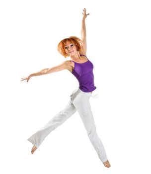 Fit girl performing active exercises on white background