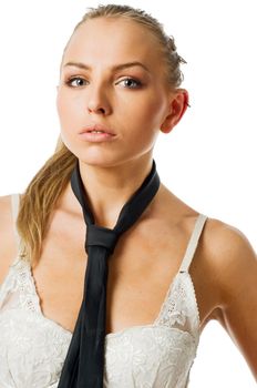 Young slim caucasian woman wearing bra isolated on white background