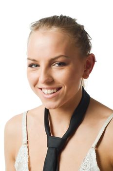 Young slim caucasian woman wearing bra isolated on white background