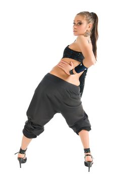 iBeautiful modern dancer wearing black clothes dancing on white