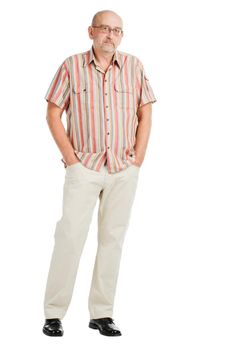 Tall mature man posing on white background