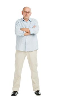 Tall mature man posing on white background