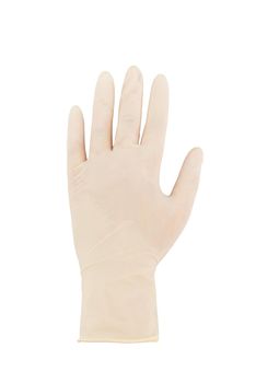 White latex glove on a female hand isolated