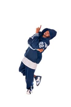 Cool young hip-hop dancer on white background
