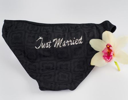 Woman panties with just married text made of swarovski crystals