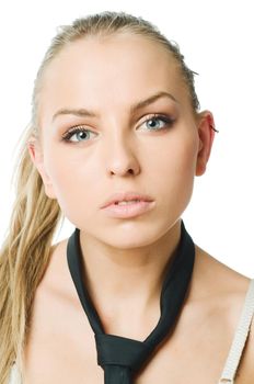 Young slim caucasian woman wearing bra isolated on white background