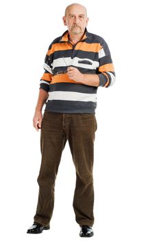 Tall mature man posing on white background