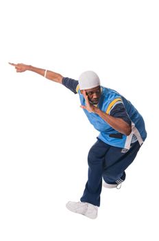 Hip-hop young man making cool move isolated on white background