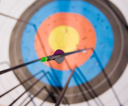 Bunch of arrows in the target with focus on one arrow's tail