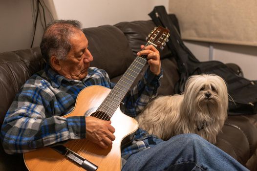 Old man playing acoustic guitar and sitting on sofa with little white dog