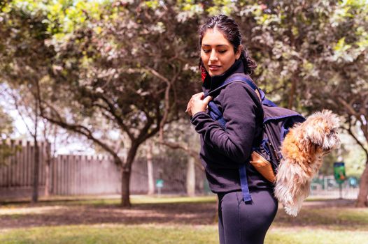 A charming young woman walks in nature, with a backpack on her shoulder, from which her dog peeks out. Concept relationship and love towards animals