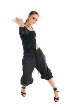 Modern dancer wearing black clothes on white background